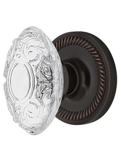 Rope Rosette Door Set with Victorian Crystal-Glass Knobs - 2 3/4 in Timeless Bronze.